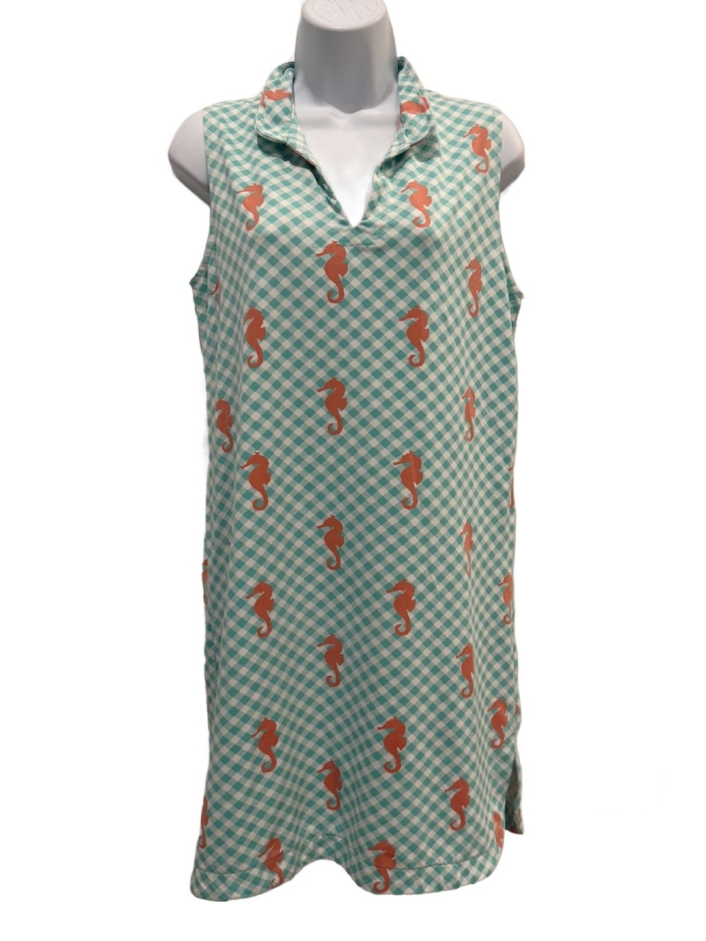 Sailor Sailor Collared Green & White Gingham Dress with Orange Seahorses. Medium
